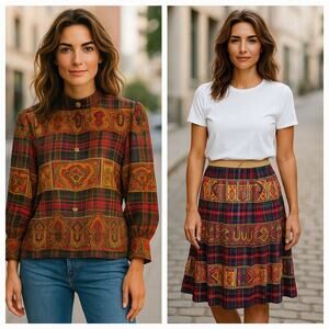 Vintage 1980's Gloria Sachs 2pc Silk Blouse and Skirt Set Size Med (8-10)